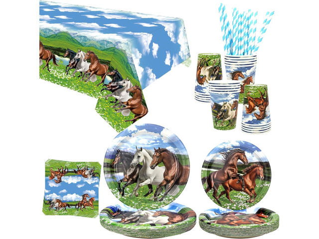 Horse Party Supplies - Horse Party Tableware - Dinner Plates Desserts Plates Cups Napkins Tablecover Straws for Horse Racing Cowboy Western Boy...