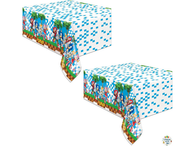 Unique Sonic The Hedgehog Party Table Covers 2-Pack Plastic Tablecloths 54 x 84 with Celebrate with Me Sticker Sonic Birthday Party Supplies for...