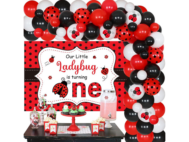 Sursurprise Ladybug First Birthday Decorations, Our Little Ladybug Is Turning One Balloon Garland Arch Kit with Backdrop for Girls 1st Birthday...