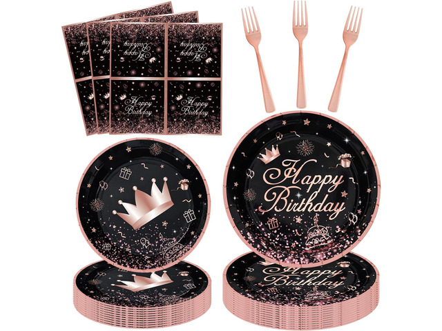 160Pcs Black and Rose Gold Party Decoration Rose Gold & Black Party Supplies Dinnerware Set-Plate, Napkin for Women Girl Birthday decoration
