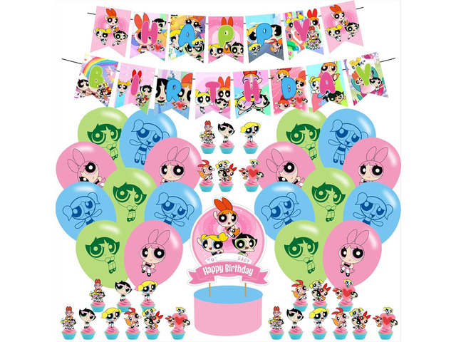 Girls of Birthday Party Decorations,Power Girls Birthday Party Favor with Banner, Cake Topper, Cupcake Toppers, Balloons for Fans Party Supplies