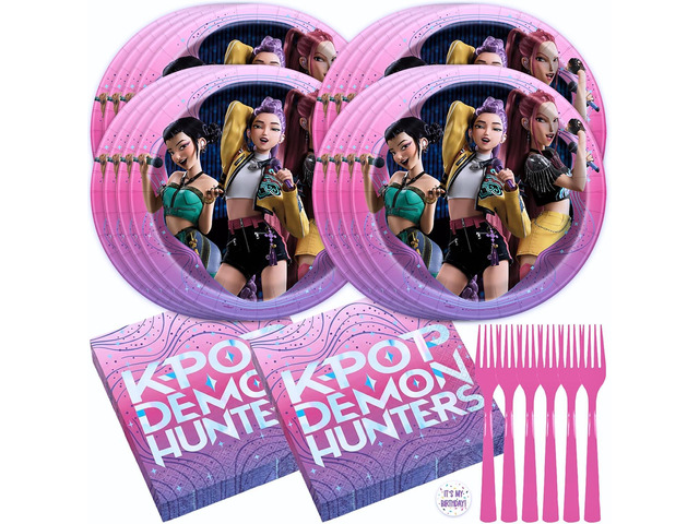 KPop Demon Hunters Birthday Decorations KPop Demon Hunters Plates and Napkins, Forks for 16 Guests Officially Licensed
