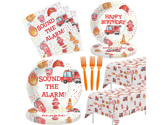 Fire Truck Birthday Party Supplies Tableware - Firefighter Party Supplies, Firetruck Birthday Decorations, Include Plate, Napkin, Tablecloth, Fork,...