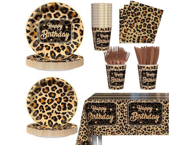 AIBIIN 145 PCS Cheetah Print Birthday Decorations Leopard Happy Birthday Party Paper Plates Cups and Napkins Sets Cheetah Party Supplies Brown.