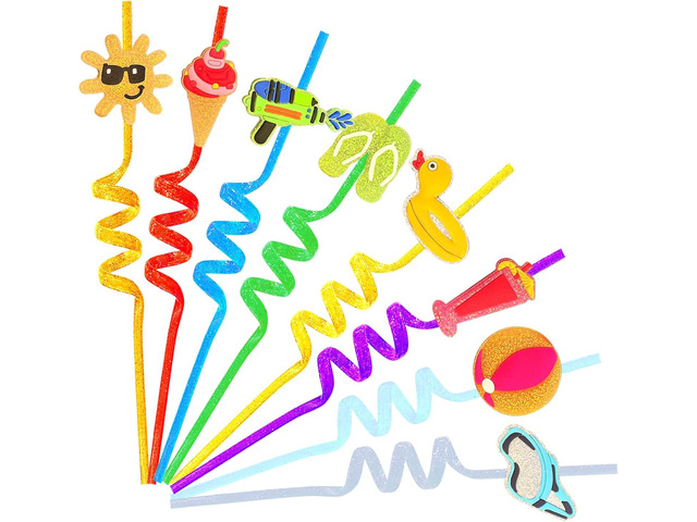 24 Beach Drinking Straws Beach Ball Pool Summer Birthday Party Supplies Decorations Glitter Pool Party Straws With 2 PCS Cleaning Brushes
