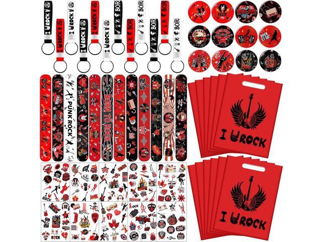 Rock and Roll Party Favors, Rock Star Supplies Decorations Includes 12 Keychain, 12 badge, 12 Bracelet,12Bags, 12 sheet tattoos for 80s 90s Rock.