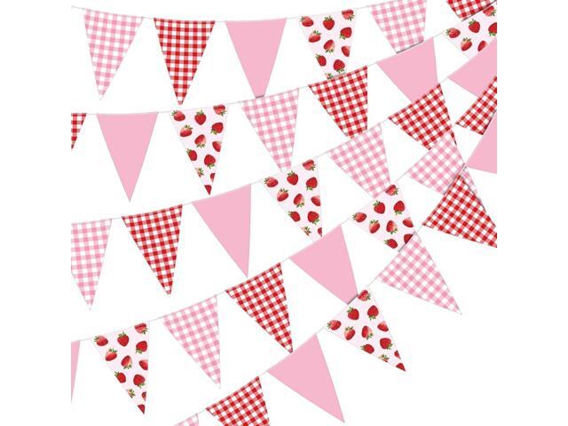 Jetec 5 Pieces 49 Feet Strawberry Pennant Banners Party Decorations Red Berry Plaid Checkered and Pink Triangle Flags Bunting Banners for.
