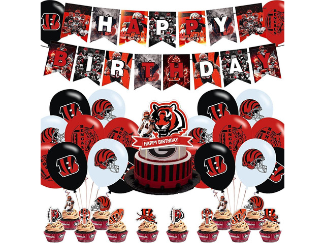 Cincinnati Bengals Birthday Party Supplies Pack: Banner, Cake Topper, 12 Cupcake Toppers, 18 Balloons