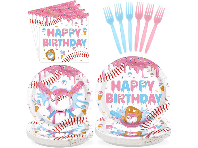 96Pcs Ice Cream Drip Baseball Party Decoration Pin Blue Baseball Plates and Napkins Sports Themed Tableware Set for Summer Team Celebration Game...