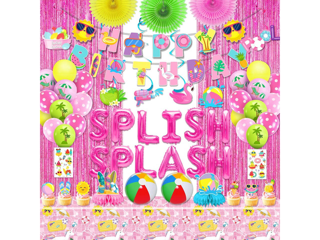 59Pcs Splish Splash Birthday Decorations, Pool Birthday Party Decorations Happy Birthday Banner Beach Ball Cake Topper for Kids Swimming Water Luau...