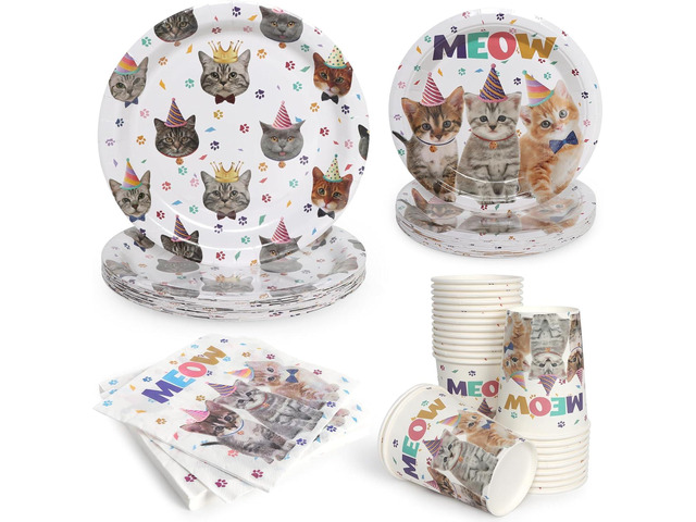 96Pcs Cat Birthday Party Supplies Pet Cat Paper Plates and Napkins and Cups Baby Shower Kids Birthday Tea Party Decorations, Serves 24