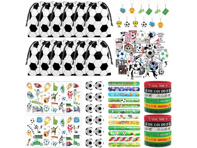 122 Pcs Soccer Party Favors Drawstring Bags Soccer Goodie Bag with Mini Ball, Wristband, Slap bracelets, Keychains, Stickers,Tattoo Stickers for...