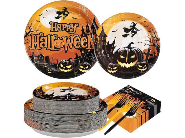 200PCS Halloween Party Supplies Set with Trick Treat Witch and Pumpkin Design Includes Disposable Halloween Plates Napkins and Forks for Spooky.