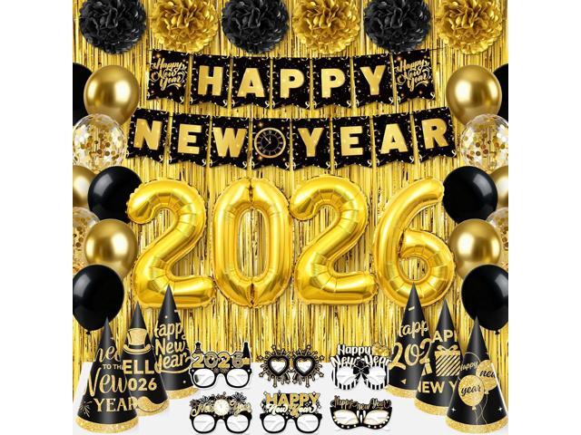 New Year Decorations 2026, Black Gold New Years Eve Party Supplies 2026 with Happy New Year Banner Cone Hat Paper Glasses Fringe Curtains 32inch.
