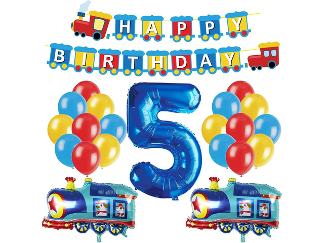 JOPARY Train 5th Birthday Decorations for Boys - 5 Years Old Birthday Party Supplies Number 5 Foil Balloons, Train Birthday Banner, Latex Balloons...