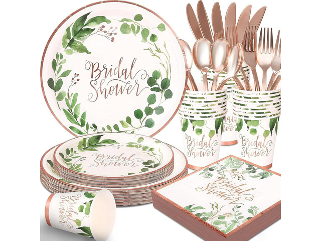 Sage Green Bridal Shower Decorations Rose Gold Bridal Shower Plates and Napkins Sets,168Pcs Serves 24 Guests