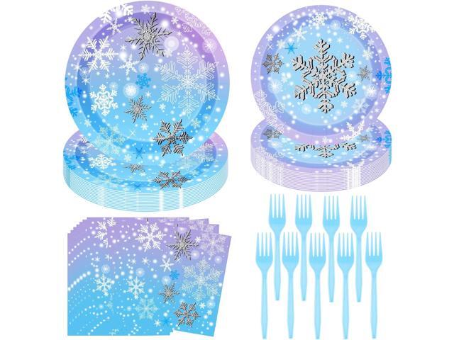 Winter Snowflake Birthday Party Supplies 96 PCS Christmas Snowflake Paper Plates and Napkins Forks Disposable Tableware Set for Christmas Winter...