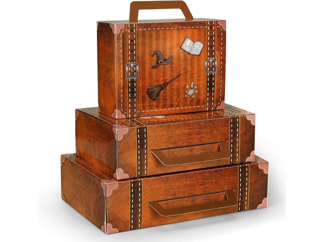 6 Pcs Magic Party Decorations Around The World Paperboard Suitcases Box Table Centerpieces 3 Size Vintage Stackable Trunk for Magical Birthday...