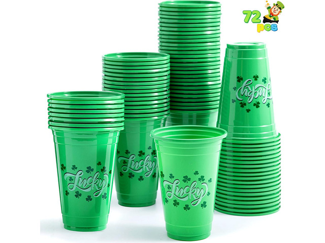 JOYIN 72 Pcs St. Patricks Day 16 oz Cups, Green Disposable Plastic Lucky Clover Cups for Saint Patrick Party Supplies Set, Irish Lucky Day Party...