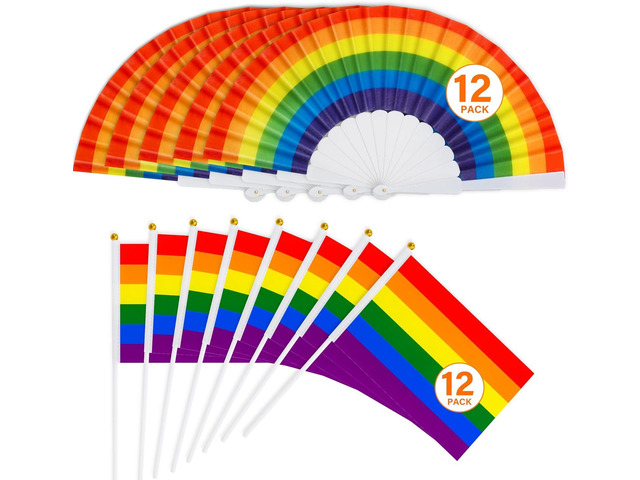 12 Pride Flags & 12 Fan, Small Gay Pride Flags Hand Fans, Rainbow Mini LGBTQ Flags Lesbian Folding Accessories, LGBT Accessories Bulk for Parade...