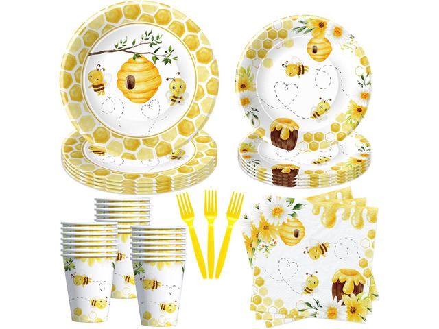Bee Baby Shower Decorations Paper Plates And Napkins Party Supplies - Bee Birthday Party Decorations, Plate, Cup, Napkin, Fork, Bumble Theme Day...