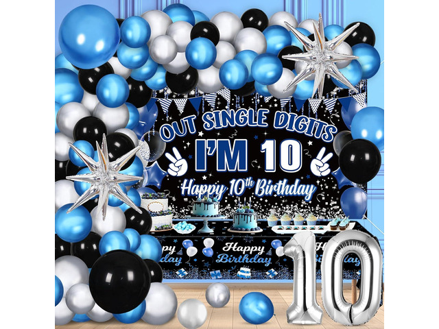 Navy Blue Black Out Single Digits Party Decor Happy 10th Birthday Decorations for Boys Blue Black Double Digits Birthday Banner Foil Balloon 10...