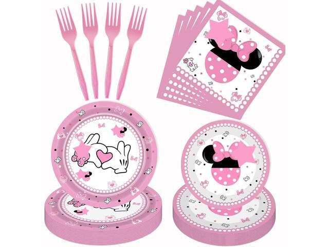 80 Pcs Pink Cartoon Birthday Party Decorations, Pink Girls Dessert Plates Napkins Forks Tableware Kit for Baby Shower Girls 1st 2nd 3rd 4th 5th 6th.