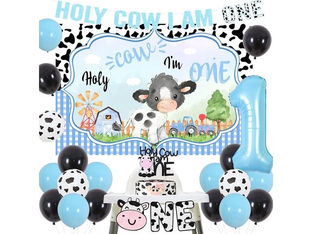 Cheereveal Cow Print 1st Birthday Decorations Boy, Holy Cow i'm One Balloons Garland Kit, Backdrop, Cake Topper, Banner, Highchair Banner for Boy...