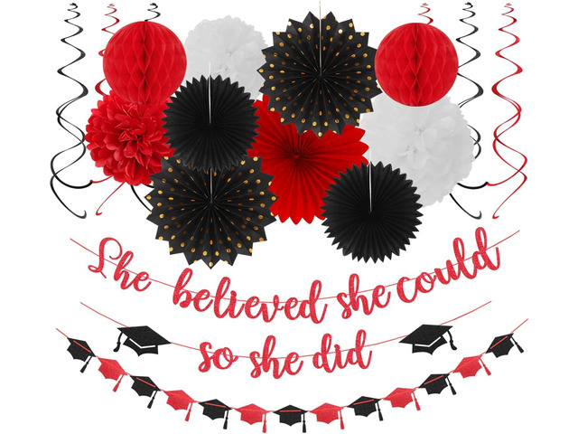 Red-Black White Party-Decorations Graduation Banner-Streamers - 18pcs Kits 2026 Congratulations Grad She Believed She Could So She Did...