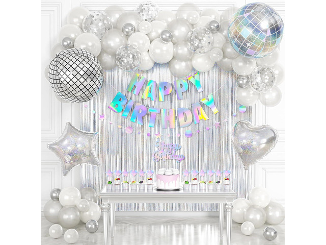 Disco Party Decorations, Iridescent Happy Birthday Star Hanging Banner Cake Topper, Disco Ball Heart Foil Balloons Silver White Confetti Balloon...