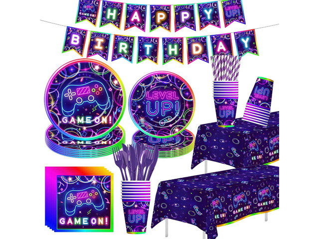 Srua Don Video Game Party Decorations - Game On Birthday Party Supplies, Paper Plate, Cup, Napkin, Tablecloth, Cutlery, Banner, Neon Glow Theme...