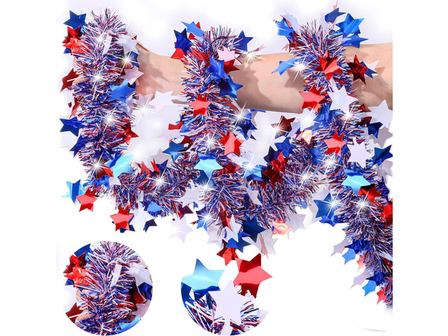 50 FT Red White Blue Star Tinsel Garland, Patriotic Metallic Star Tinsel Decorations for 4th of July Decor Indoor Outdoor Memorial Day Independence...