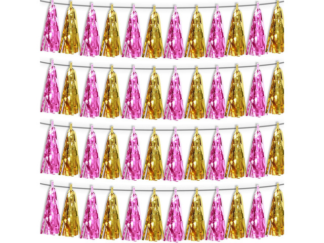 4P Gold Pink Tassel Banner Garland Metallic Foil Fringe Banner Tinsel Tassels Streamer Banner Backdrop for Parade Floats, Graduation, Wedding,...
