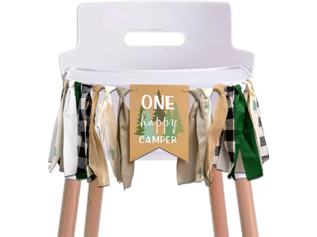 One Happy Camper High Chair Banner - Camping Wild One Banner, Lumberjack First Birthday Party Decoration Supplies Garland, Happy Camper Birthday...