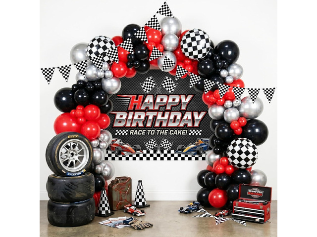 Race Car Balloon Arch Garland Kit 126Pcs Red Black and Metallic Silver Balloons with Checkered Foil Balloons and Checkered Flag Banner for Two Fast...