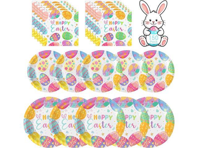 150 Pack Easter Party Supplies Set, Happy Easter Dinnerware Set Includes Heavy Duty Dessert Dinner Plates and Luncheon Napkins for Spring Birthday...