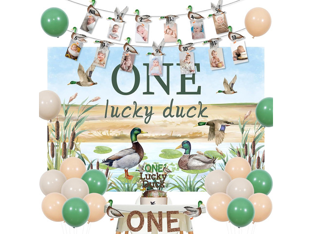 Mallard Duck 1st Birthday Decorations for 1 Year Old Boy, One Lucky Duck Backdrop Cake Topper High Chair Banner Balloons, Hunting Themed First...