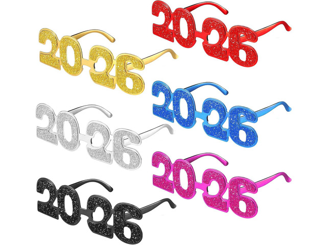Kanayu 6 Pairs 2026 Glitter New Year Eve Glasses 2026 Number Eyeglasses Props Sunglasses for Party Supplies(Colorful Colors)