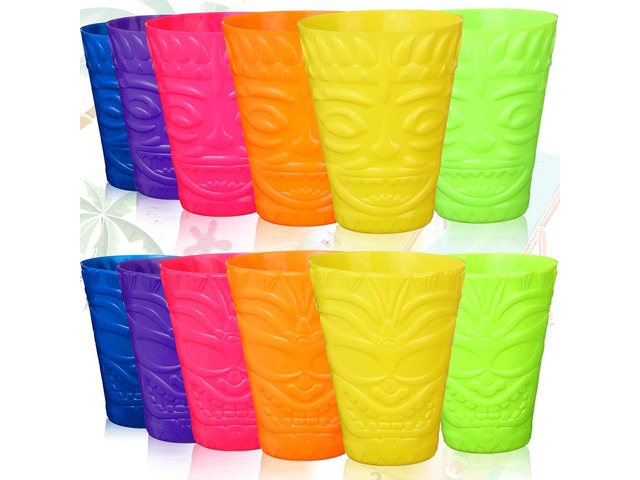 Domensi 12 Pack Tiki Plastic Cups Bulk 10oz Hawaiian Cups Hard Plastic Material Tiki Statue Drinking Cup for Summer Luau Party Drinkware Supplies