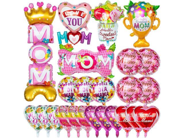 24 Pcs Mothers Day Balloons, Happy Mother's Day Mylar Balloon, Feliz Dia Mama Foil Balloons for Best Mom Ever Mom Party Birthday Decorations Supplies