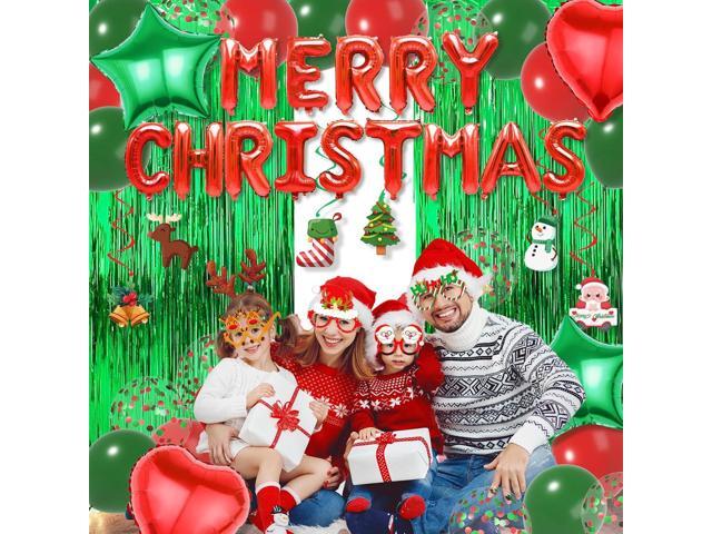 Red Green Christmas Decorations with Green Fringe Curtains, Heart Stars Confetti Balloon, Merry Christma Foil Balloons, christmas Glasses Frames.