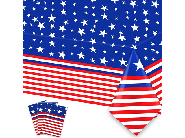 4th of July Tablecloth, 3 Pcs Disposable Plastic Patriotic Table Cloth, Red White and Blue American Flag Tablecover for Table Fouth of July...