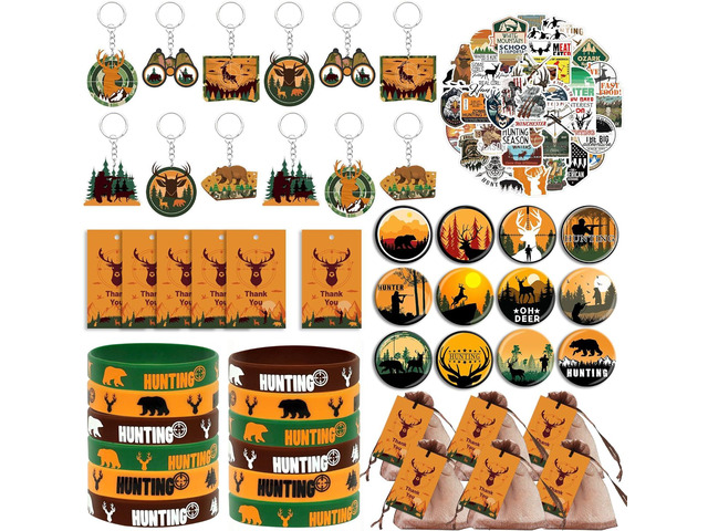 Tazimi 110 PCS Hunting Party Favors Hunting Birthday Party Supplies Camo Party Favors with Hunting Keychains Stickers Rubber Bracelets Button Pins...
