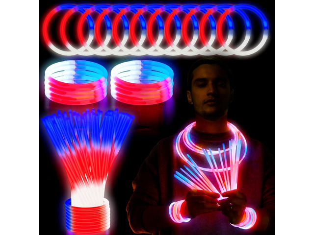 JOYIN 72 Pcs July 4th Glow Sticks Bulk with Connectors, Red White Blue 3 Colors In 1 Glow in The Dark Stick, Light Up Bracelets & Necklaces for...