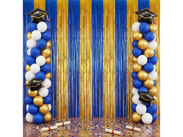 Zhanmai 2 Pack Blue and Gold Graduation Foil Fringe Curtains 3.2ft x 8.2ft Metallic Streamers Tinsel Curtains Photo Booth Background for 2026...