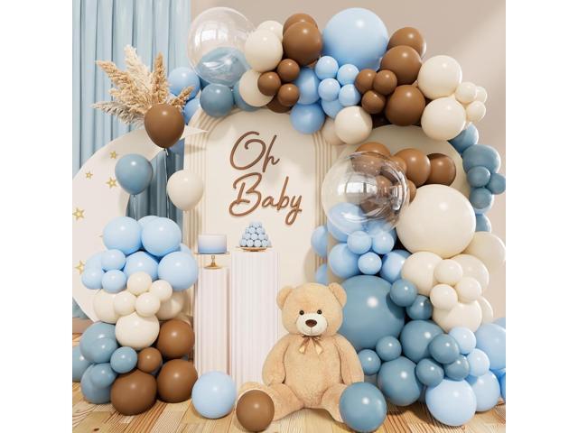 158pcs Dusty Blue and Brown Balloon Arch Kit Bear Baby Shower Decorations with Brown White Sand Light Blue Dusty Blue Balloons for Baby Shower.