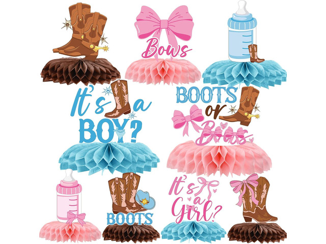 Boots Bows Gender Reveal Decorations - Inisajace 9PCS Boots Bows Honeycomb Centerpieces Decoration Western Cowboy or Cowgirl Decor Supplies for...