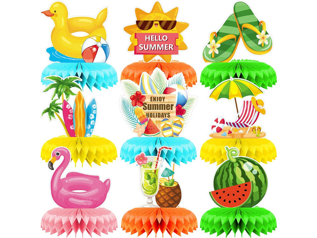 9 Pieces Summer Honeycomb Centerpieces, Pool Themed Party Table Decorations, Summer Beach Centerpiece for Hawaii Party Decoration Supplies