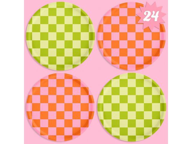 xo, Fetti Pink + Green Checkered Paper Plates - 24 pk, 9' Bachelorette Fiesta Decorations, Cute Birthday Party Tablescape, Retro Summer Tableware.
