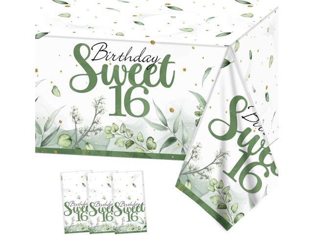 PATIAI Sweet 16 Party Decorations 3Pack Sweet 16th Tablecloths Sage Green 16th Birthday Disposable Plastic Rectangle Table Cover for Her Birthday.